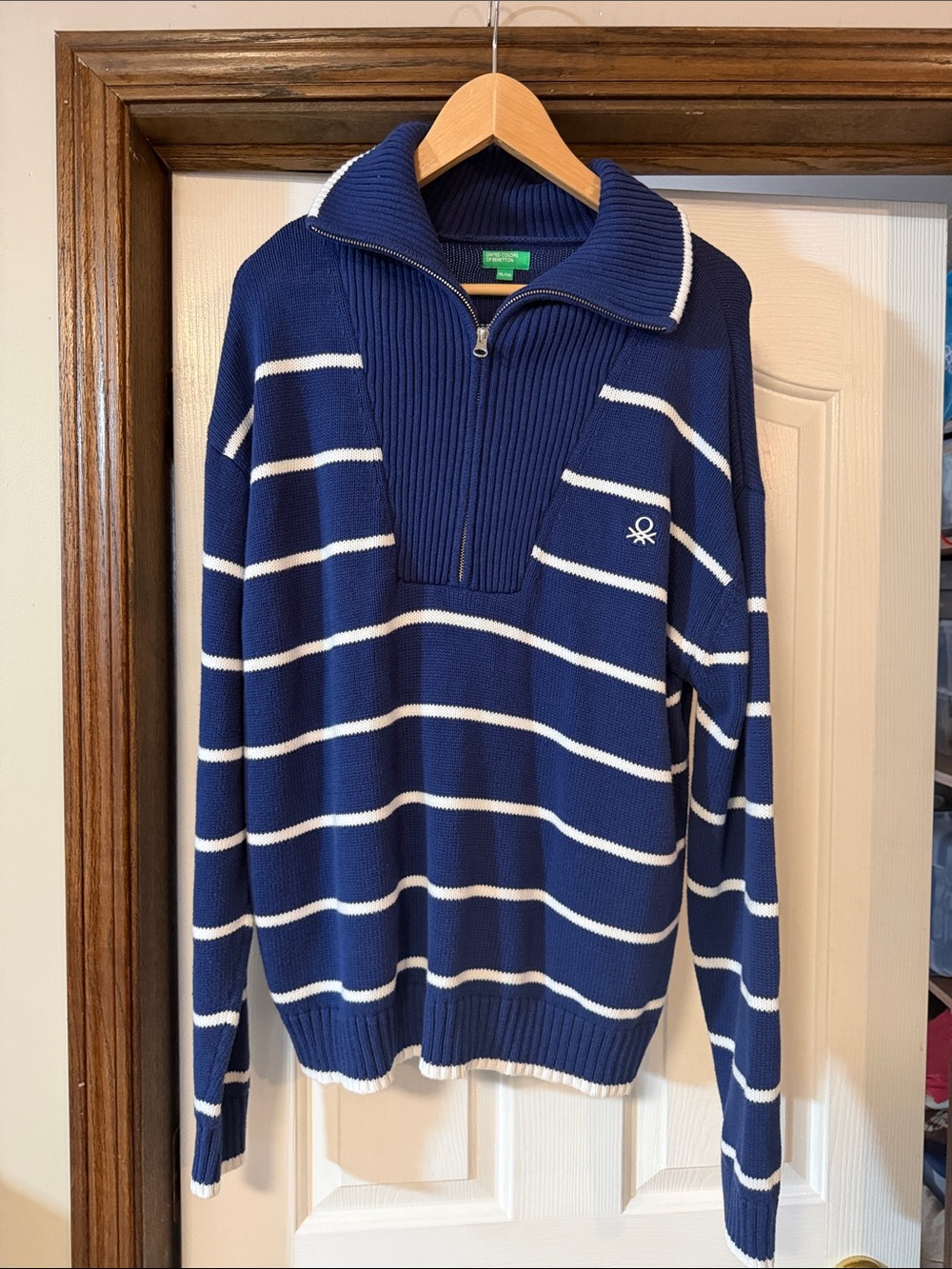 United Colors Of Benetton Navy and White Striped Zip-Up Sweater